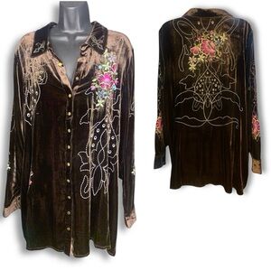 Soft Surroundings Label Nior Brown Velvet Embroidered Blouse Sz 2X